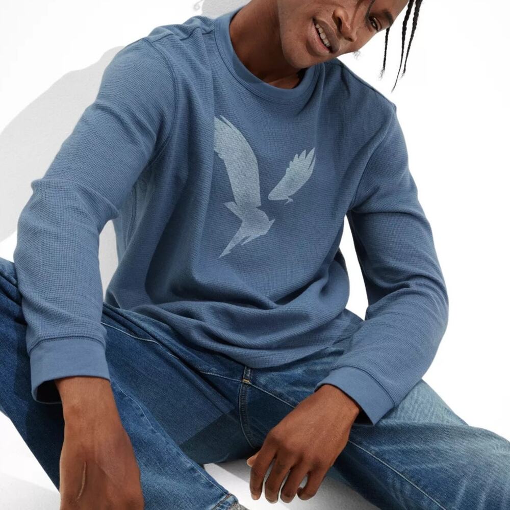 American Eagle Super Soft Graphic Thermal Shirt Long Sleeve Blue Men Size L NWOT
